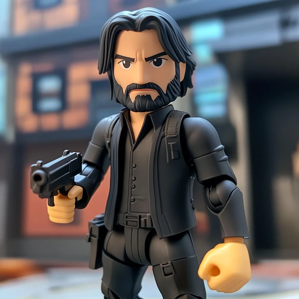A close-up shot reveals a Keanu Reeves action figure, styled as John Wick.  The figure is dressed in his signature black suit and holds a handgun.  His stern expression and detailed features are apparent.  The background is blurred, suggesting an urban setting. The figure is highly detailed, showcasing a stylized but accurate depiction of the character.