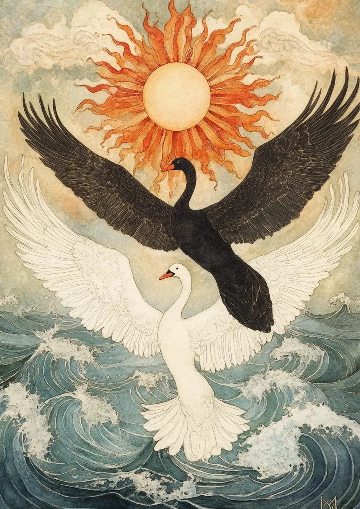 A watercolor painting depicts a black swan and a white swan with wings outstretched, soaring above turbulent ocean waves.  A stylized sun, radiating warm orange hues, sits between the birds, suggesting a celestial or mythical scene.  The contrasting colors of the swans and the dramatic waves create a powerful visual narrative.  The overall style is evocative of Art Nouveau or fantasy illustration.