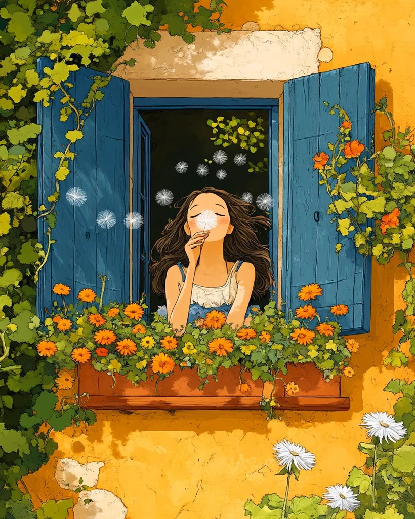 A young woman with long brown hair sits in a window seat, blowing dandelion seeds into the air.  The window is open, revealing blue shutters and a vibrant display of orange and yellow flowers in a window box. The building's exterior is a warm yellow, and lush greenery surrounds the window.  The scene is peaceful and idyllic, capturing a moment of quiet joy.