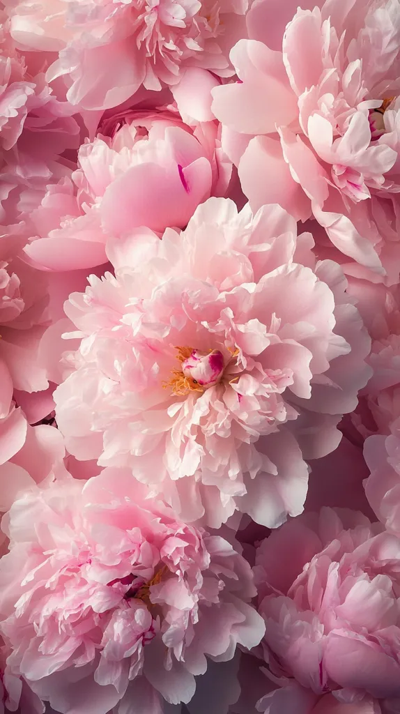 A close-up image showcases a profusion of delicate pink peonies.  Their soft petals, numerous and layered, create a lush texture.  The blooms are tightly clustered, filling the frame with a romantic and elegant display of springtime blossoms.  Subtle variations in shade add depth to the pastel palette.