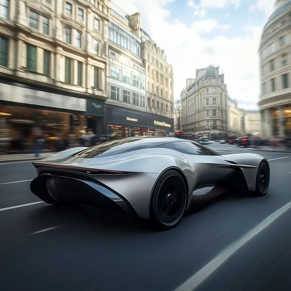 A sleek, silver sports car speeds down a London street.  The car's design is futuristic and aerodynamic, with large wheels and a low profile.  The background is blurred, suggesting motion, while the city's elegant architecture provides a sharp contrast to the car's modern lines.  The scene evokes a feeling of speed and luxury.