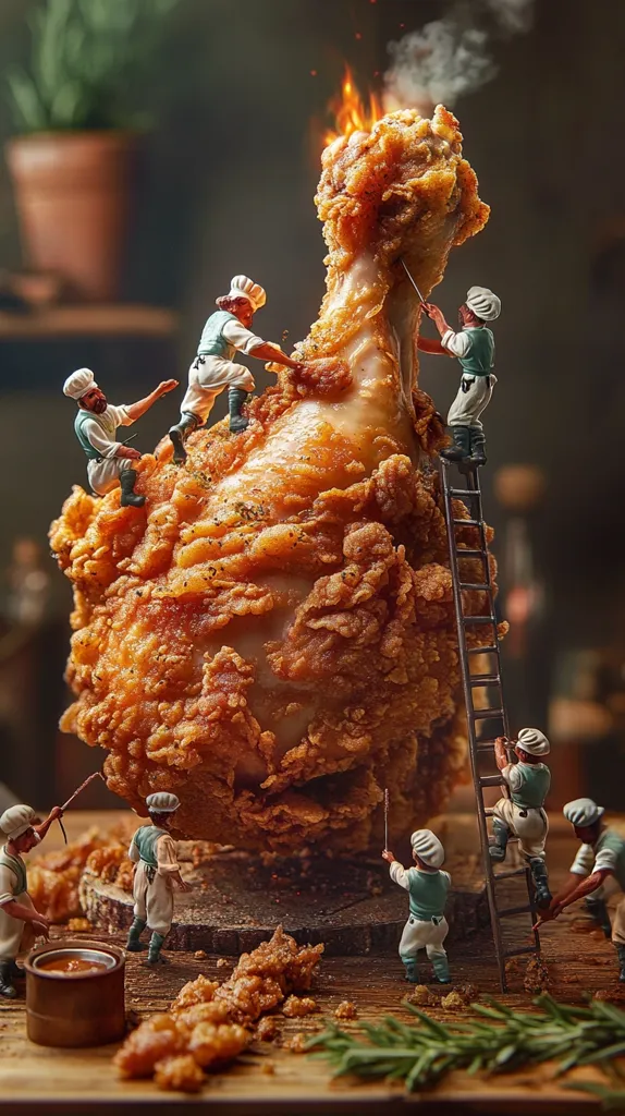 Miniature figures, dressed as chefs, work on a colossal, flaming fried chicken drumstick.  They climb ladders, using tools to seemingly construct or decorate the enormous piece of fried poultry. The scene is set on a rustic wooden surface, with scattered crumbs and a sprig of rosemary adding to the whimsical, larger-than-life portrayal of food preparation.