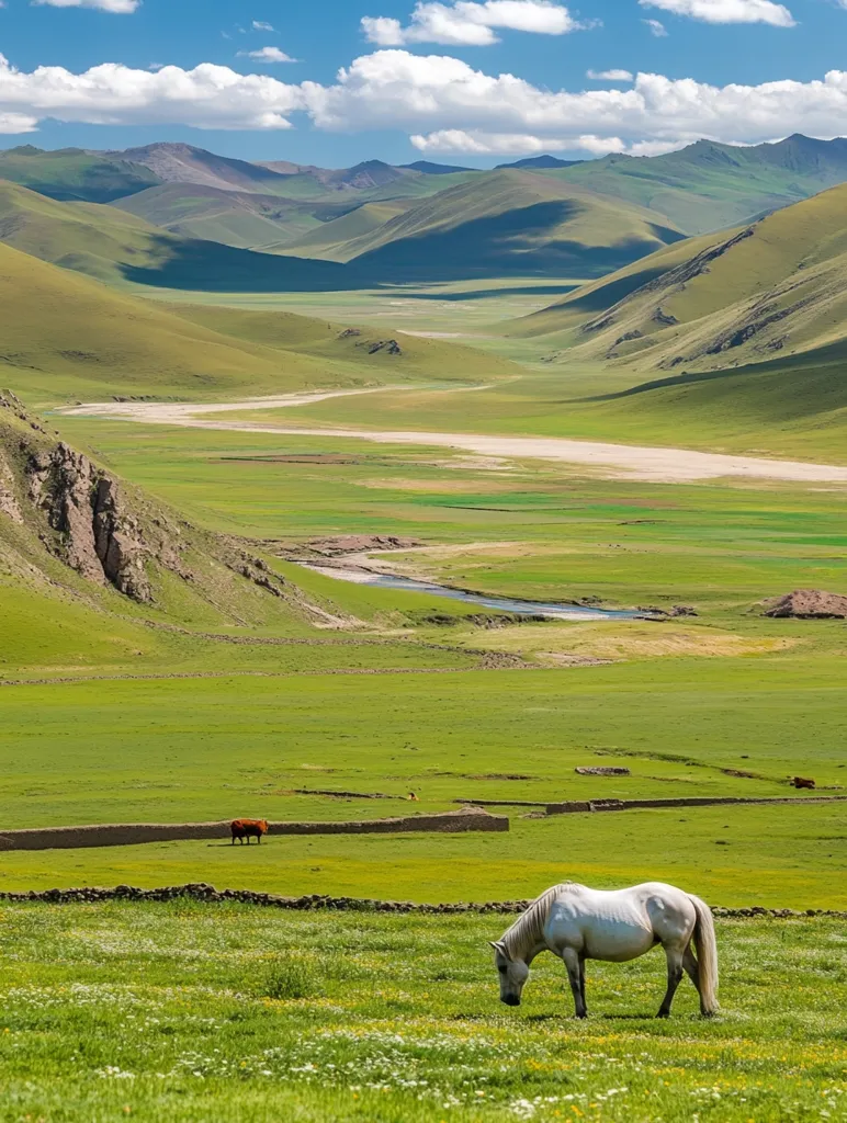 A serene landscape unfolds, showcasing rolling green hills under a vibrant blue sky.  A white horse grazes peacefully in the foreground, near a low stone wall.  In the distance, a winding river meanders through the valley, surrounded by lush pastureland and mountains.  Two reddish-brown cattle are visible further away, adding to the tranquil pastoral scene. The overall impression is one of vastness, peace, and natural beauty.