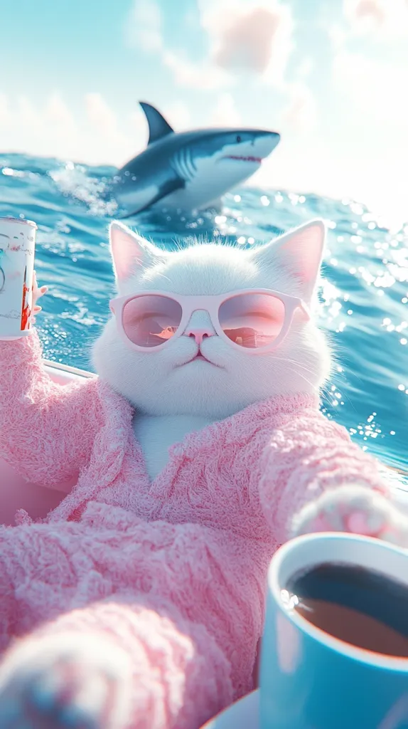 A white cat wearing pink sunglasses and a fluffy pink robe enjoys a coffee while floating in a boat on the ocean.  A shark swims in the background, adding a touch of playful danger to the serene scene. The cat appears relaxed and content, enjoying the unusual setting.  The image is digitally created, with a whimsical and charming aesthetic.