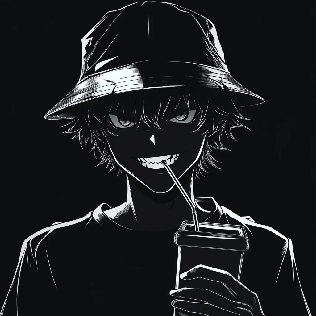 A monochrome illustration depicts an anime-styled character, a young person with short, spiky hair, wearing a bucket hat and a simple t-shirt.  Their expression is unsettling, a sharp, almost predatory grin revealed in the stark contrast of light and shadow. They hold a disposable cup with a straw, adding to the enigmatic mood. The overall style is dark and edgy, emphasizing sharp lines and dramatic lighting.