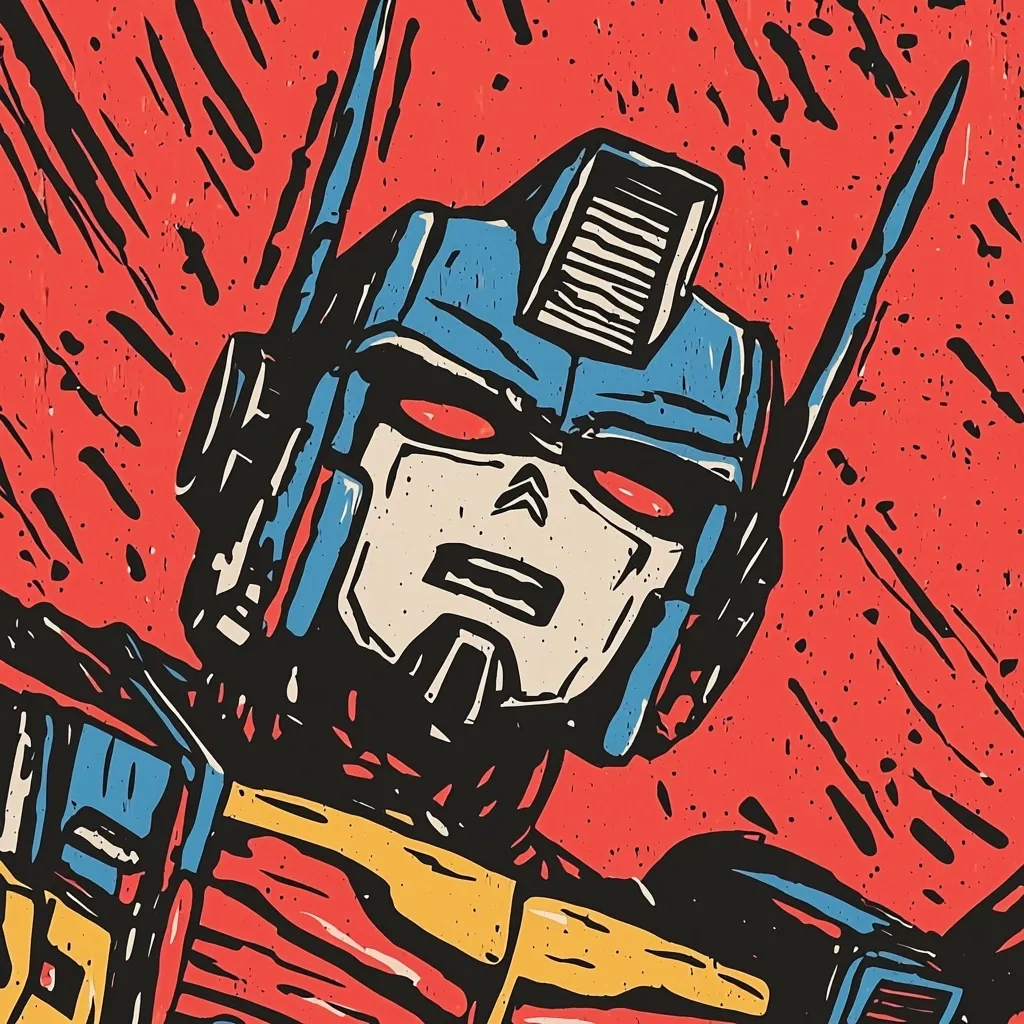A stylized close-up illustration of a robot's head and shoulders, reminiscent of a Transformer.  The robot is predominantly blue, red, and yellow, with a gritty, textured style suggesting a comic book or print aesthetic.  Bold lines and a dynamic background of red streaks create a sense of motion and energy. The robot's expression is serious, almost menacing.