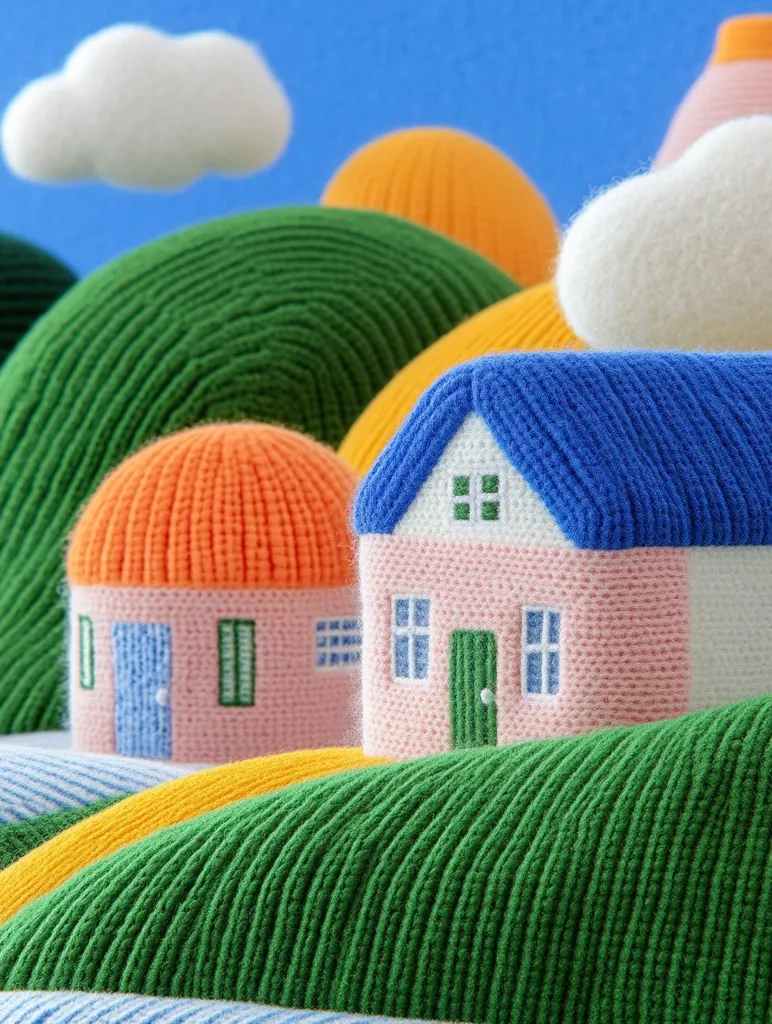 A charming knitted landscape features two houses nestled amongst colorful, textured hills. One house boasts a bright blue roof, while the other has an orange top.  Soft, fluffy clouds add to the whimsical scene, creating a cozy and playful atmosphere. The detailed knitting adds a unique tactile quality to the idyllic miniature world.