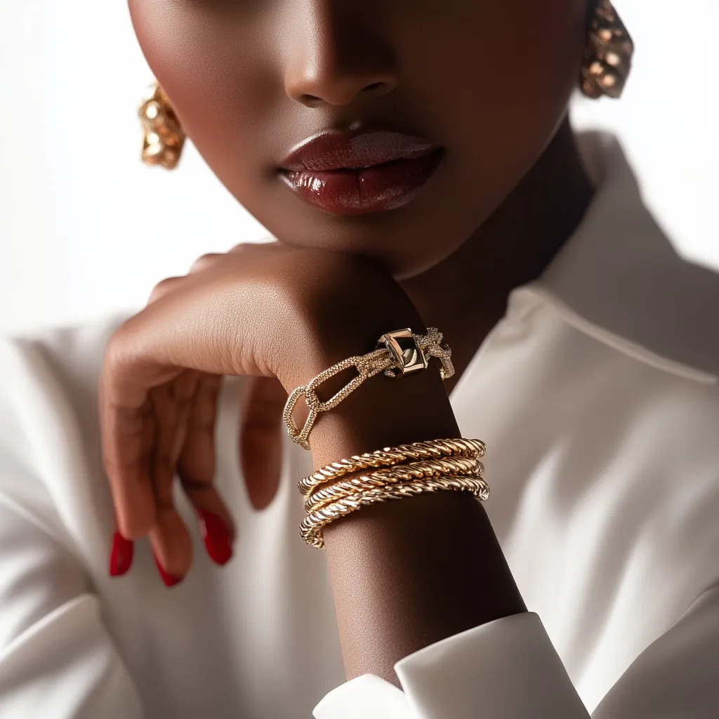 Close-up of a dark-skinned woman's hand and face, adorned with gold jewelry.  She wears a chunky gold link bracelet and several twisted gold bangles on her wrist, and gold hoop earrings. Her hand rests gently on her chin, and she is wearing a white collared shirt.  Her lips are painted a deep, glossy brown. The image focuses on the luxurious textures and rich tones of the gold against her skin.