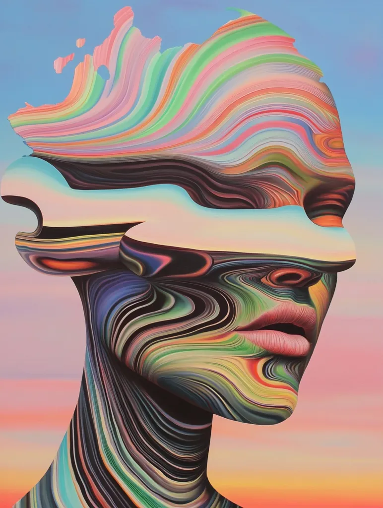 A vibrant, abstract portrait of a woman's face.  Her features are rendered in swirling, multicolored lines that resemble flowing paint or marble.  The style is surreal and hyperrealistic, contrasting smooth skin tones with the dynamic, energetic lines of the abstract form.  The background is a soft, sunset gradient, complementing the painting's colorful intensity. The overall effect is one of fluidity, movement, and internal complexity.