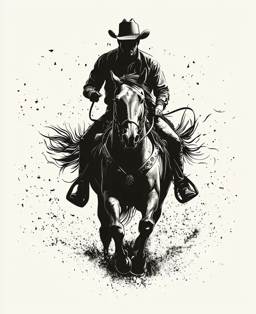 A black and white illustration depicts a cowboy riding a horse at full gallop.  The cowboy, wearing a hat, is silhouetted against the white background, his form stark and dramatic.  The horse's powerful legs are in motion, kicking up dust and debris that trails behind them, adding a sense of speed and dynamism to the image. The style is reminiscent of a classic Western, emphasizing strength and movement.