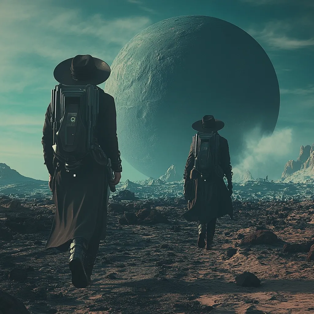 Two figures, clad in long coats and wide-brimmed hats, trek across a desolate, rocky landscape.  They carry large, seemingly technological backpacks.  A colossal, pale moon dominates the sky, casting an ethereal glow on the alien terrain. The scene evokes a sense of adventure and mystery in a far-off, possibly post-apocalyptic, world.