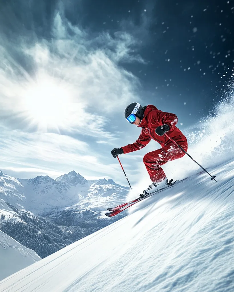 A skier in a vibrant red suit carves down a snowy mountain slope, leaving a trail of powder in their wake.  The sun shines brightly in a partly cloudy sky above a breathtaking panorama of snow-capped peaks and valleys.  The skier is expertly navigating the terrain, showcasing their skill and the thrill of alpine skiing.