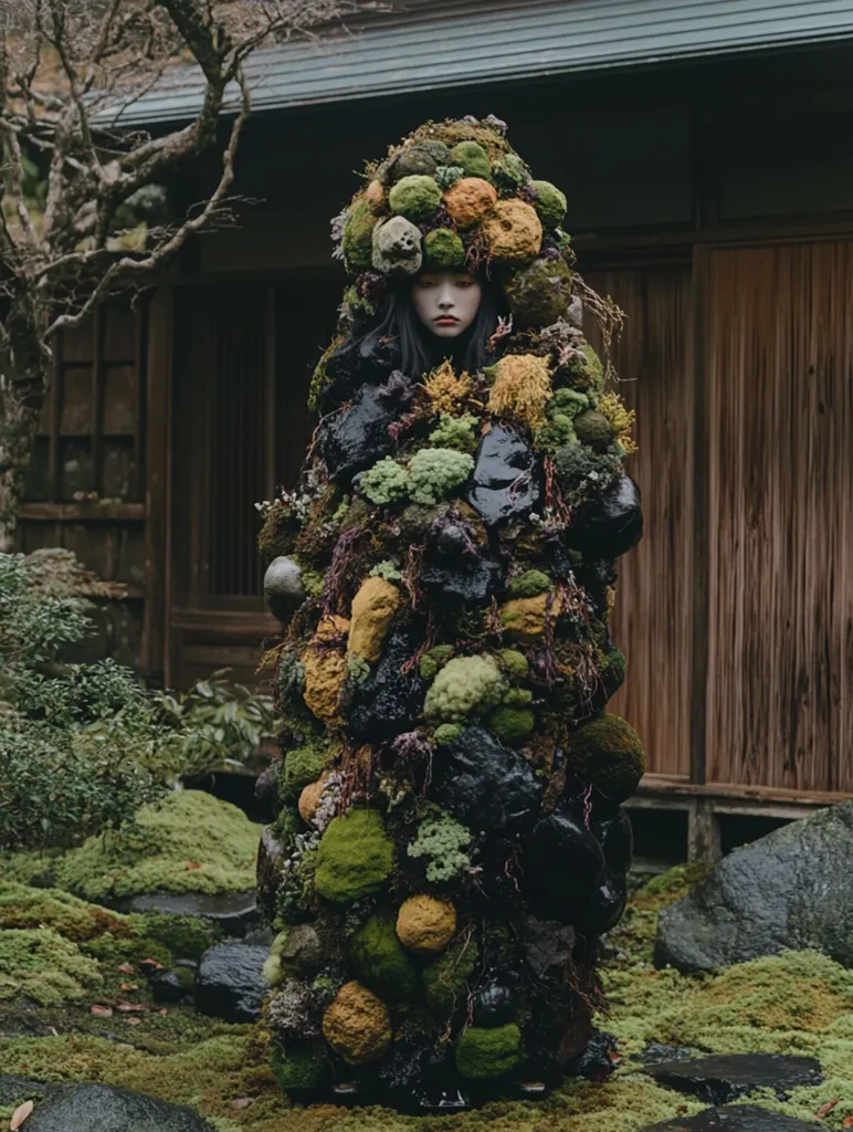 A young woman stands serenely in a moss-covered costume, resembling a living sculpture.  The intricate attire is composed of rocks, various types of moss, and lichen, creating a textured, earthy aesthetic.  She is positioned in a tranquil Japanese garden, the background featuring a traditional wooden house and lush greenery. The overall effect is one of striking contrast between the human form and the natural world.