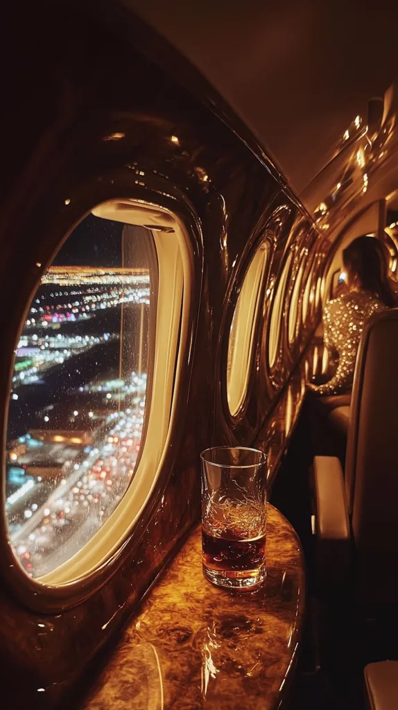 A glass of amber liquid sits on a polished wooden surface in a luxurious private jet.  Night lights from a city below are visible through a large oval window. A passenger, partially visible in the background, is seated in a plush chair, enjoying the flight. The opulent interior of the aircraft is bathed in warm, golden light.