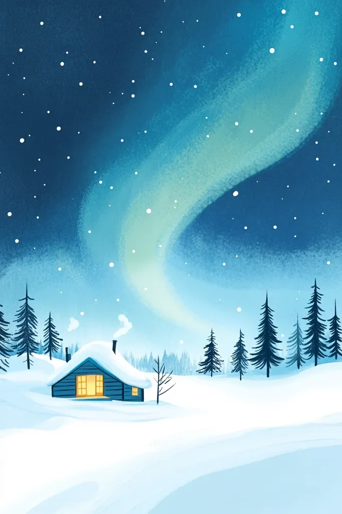 A cozy cabin sits nestled in a snow-covered landscape, bathed in the warm glow of its interior light.  Tall evergreen trees stand silhouetted against a breathtaking night sky. A vibrant aurora borealis dances across the heavens, its ethereal colors contrasting beautifully with the deep blue of the twilight.  The scene evokes a sense of peaceful winter solitude and magical wonder.