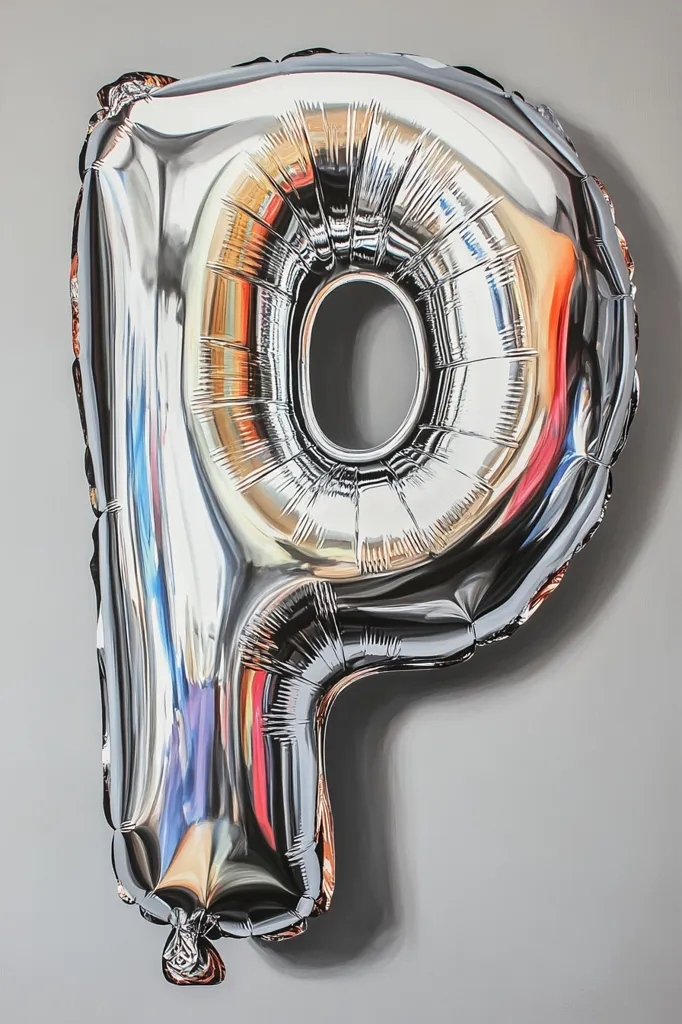 A close-up shot reveals a meticulously painted silver foil balloon shaped as the letter "P".  The balloon's reflective surface mirrors a distorted, colorful reflection, possibly of an interior space. The painting captures the subtle crinkles and sheen of the balloon, creating a hyperrealistic effect against a muted gray background. The image's focus is on the detailed texture and reflective qualities of the balloon.