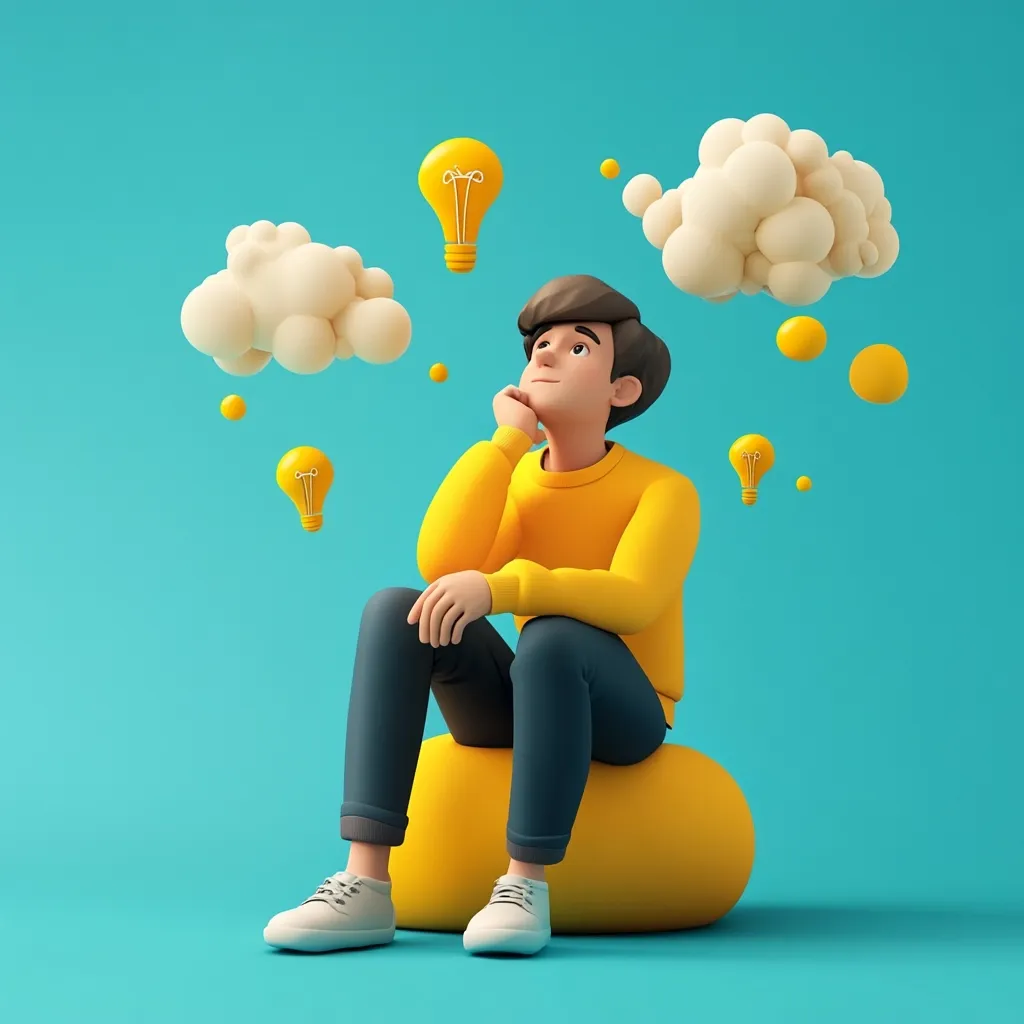 A 3D-rendered illustration depicts a young man in a yellow sweater sitting on a yellow blob, thoughtfully looking upward.  Lightbulbs representing ideas float above him, surrounded by fluffy white clouds against a vibrant turquoise background. The scene conveys a sense of creativity, brainstorming, and inspiration.