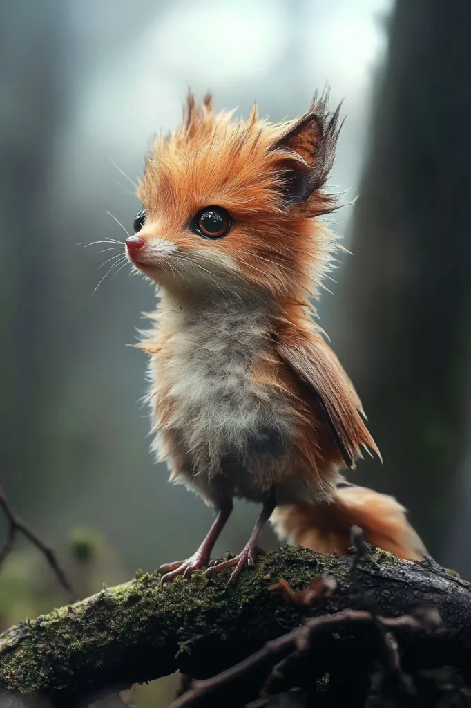 A whimsical digital rendering depicts a creature resembling a fox-bird hybrid.  Its fluffy orange fur blends with reddish-brown bird-like wings and a small, bird-like body.  Large, expressive eyes and tiny claws add to its captivating charm.  The creature perches on a moss-covered branch, set against a blurred, moody background.  The overall effect is one of fantasy and gentle beauty.