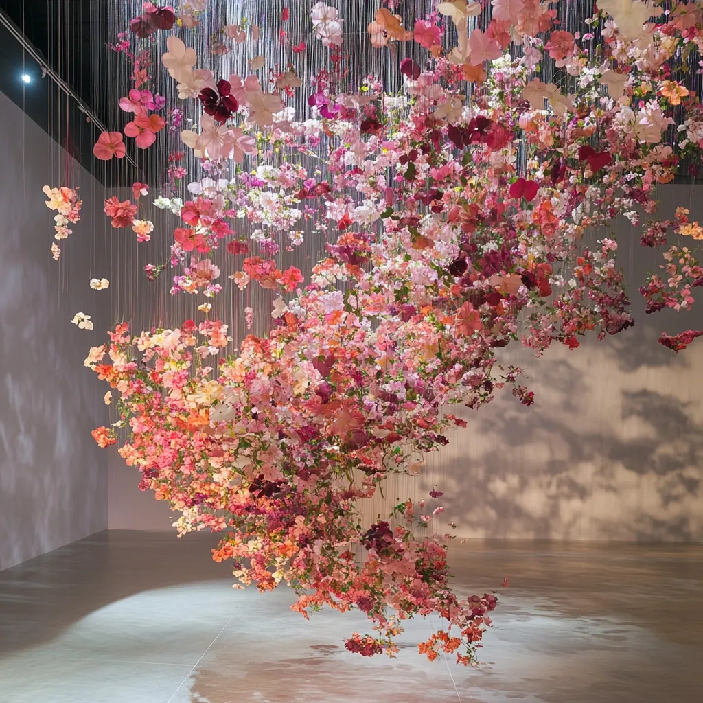 A breathtaking installation of thousands of delicate pink, peach, and red flowers hangs from the ceiling, creating a cascading floral cloud.  The flowers, seemingly suspended by thin threads, fill a modern, minimalist room, casting soft shadows on the floor. The overall effect is one of ethereal beauty and romantic charm.