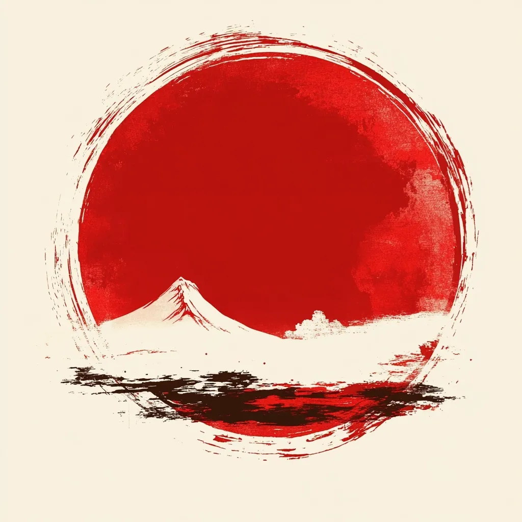 A minimalist Japanese-inspired artwork depicts Mount Fuji subtly rendered in white against a vibrant red circular backdrop.  The red circle, suggestive of a rising sun, is created with expressive brushstrokes, adding texture and movement.  Dark brushstrokes at the base suggest a landscape element, completing the serene and evocative composition. The overall aesthetic is simple yet powerful, conveying a sense of tranquility and traditional Japanese art.