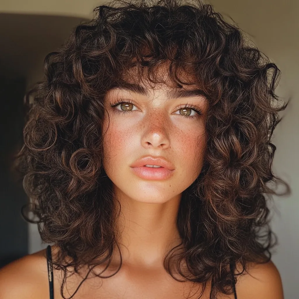 Close-up portrait of a young woman with naturally curly, brown hair styled with curtain bangs.  Her skin is lightly freckled and her makeup is minimal, emphasizing her natural beauty.  She has warm-toned skin and expressive green eyes.  The overall aesthetic is natural and effortlessly chic.