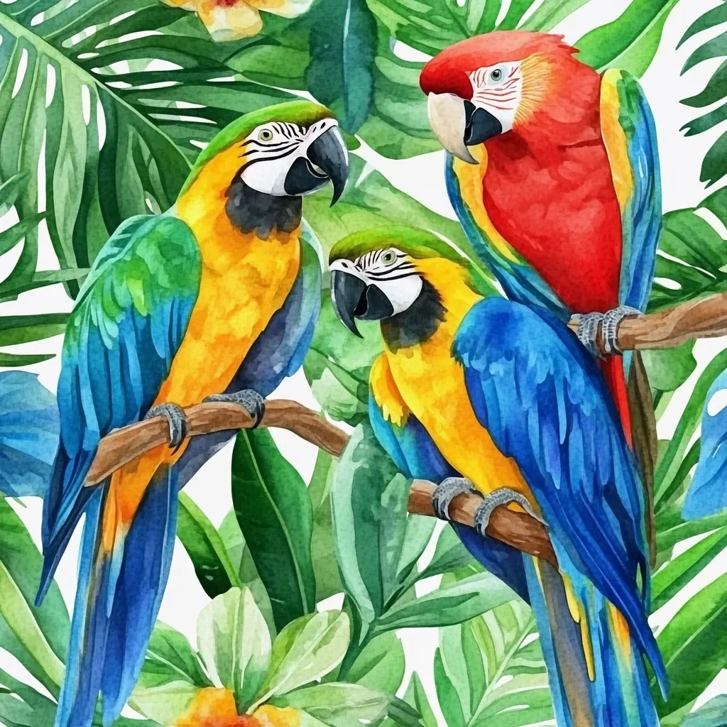 A watercolor painting depicts three vibrant macaws perched on branches amidst lush tropical foliage.  One is red, another is predominantly blue and yellow, and a third is yellow and green.  The birds are depicted with striking detail, their bright plumage contrasting beautifully with the deep greens of the leaves.  The overall style is vibrant and evokes a sense of the tropics.