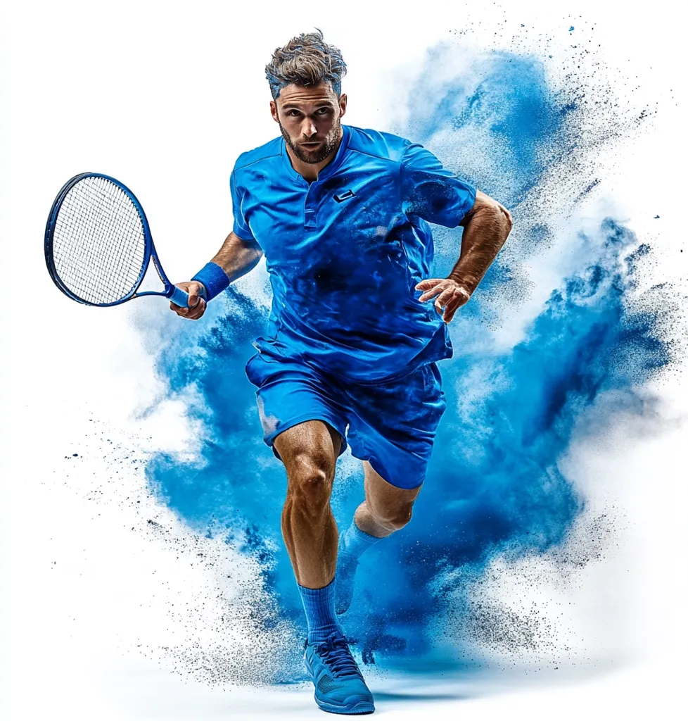 A male tennis player, clad in a vibrant blue uniform, is captured mid-stride against a backdrop of a dramatic blue powder explosion.  He holds his racket, his focused expression conveying intensity and determination. The image is dynamic, emphasizing speed and power, creating a visually striking and energetic composition.