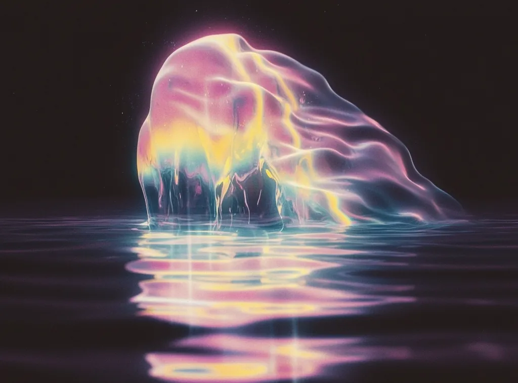 A surreal, iridescent blob, resembling a melting glacier or a luminous jellyfish, floats on dark, still water.  Its surface shimmers with pastel hues of pink, purple, and yellow, creating an ethereal and otherworldly scene.  The reflection on the water intensifies the vibrant colors, enhancing the dreamlike quality of the image.