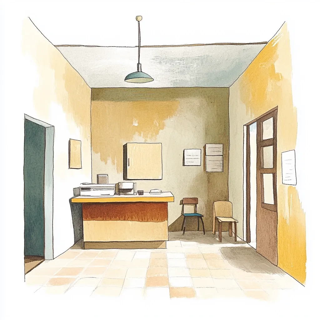 A watercolor illustration depicts a simple reception area.  Pale yellow walls, a tiled floor, and a wooden counter with office equipment are prominent features. Two chairs sit opposite the counter, suggesting a waiting area.  A door leads to another room, and a muted green pendant light hangs from the ceiling. The overall style is understated and slightly faded, evoking a sense of quiet calm.