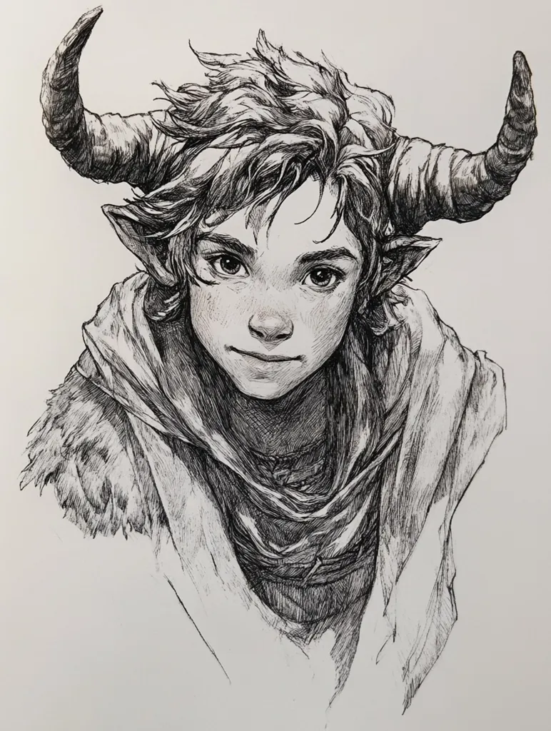 A detailed ink drawing depicts a young person with short, tousled hair, prominent horns, and pointed ears, suggesting a mythical creature.  They are wearing a hooded, fur-trimmed garment. The style is reminiscent of fantasy art, with meticulous shading and linework creating depth and texture.  The expression is calm and somewhat melancholic, drawing attention to their captivating gaze.