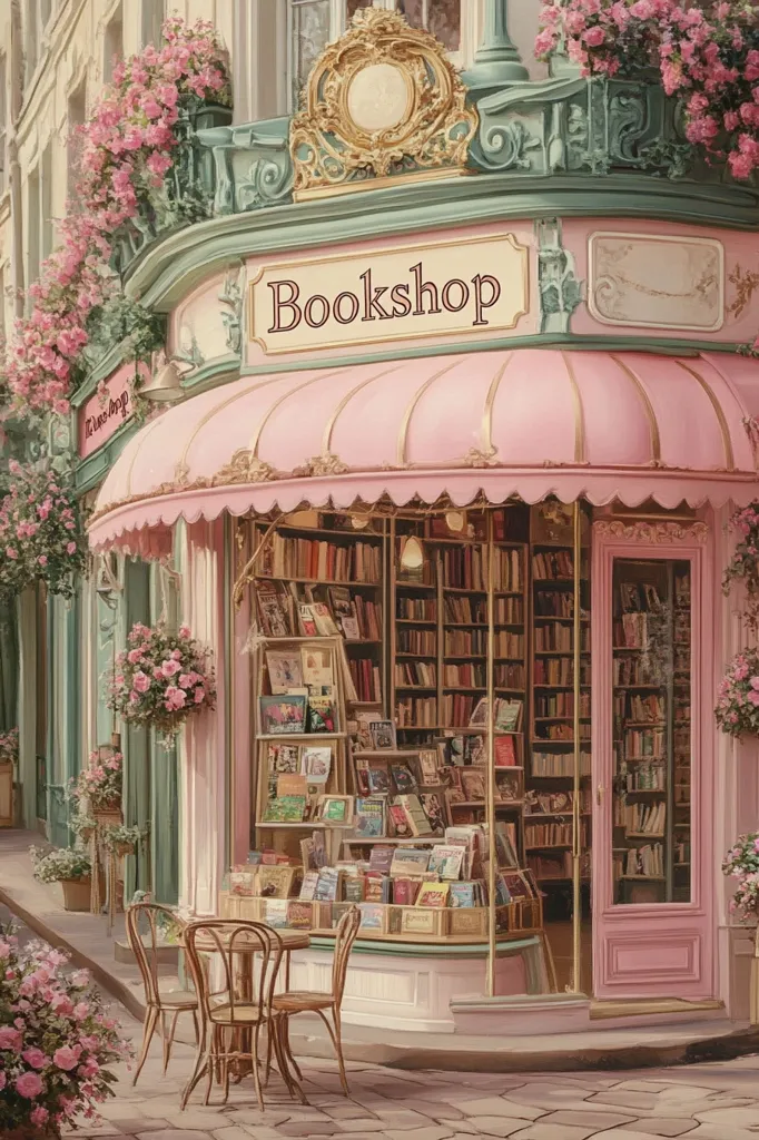 A charming pink bookshop, adorned with overflowing flower boxes, sits on a quaint street.  Its large windows display shelves packed with books, creating a warm, inviting atmosphere.  A small bistro set rests outside, perfect for enjoying a book and a coffee.  The ornate detailing and pastel colors evoke a sense of old-world European charm.