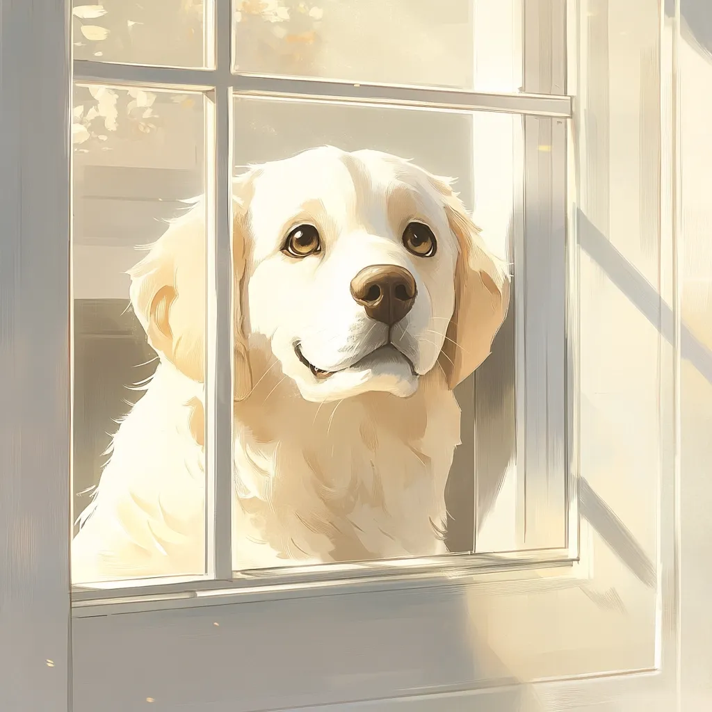 A fluffy, cream-colored Golden Retriever puppy sits patiently by a window, gazing outwards.  Sunlight streams through the windowpanes, illuminating the dog's soft fur and gentle expression.  The scene evokes a sense of warmth and calm, capturing a moment of quiet contemplation. The dog's large, expressive eyes and slightly tilted head suggest a hopeful or expectant mood.
