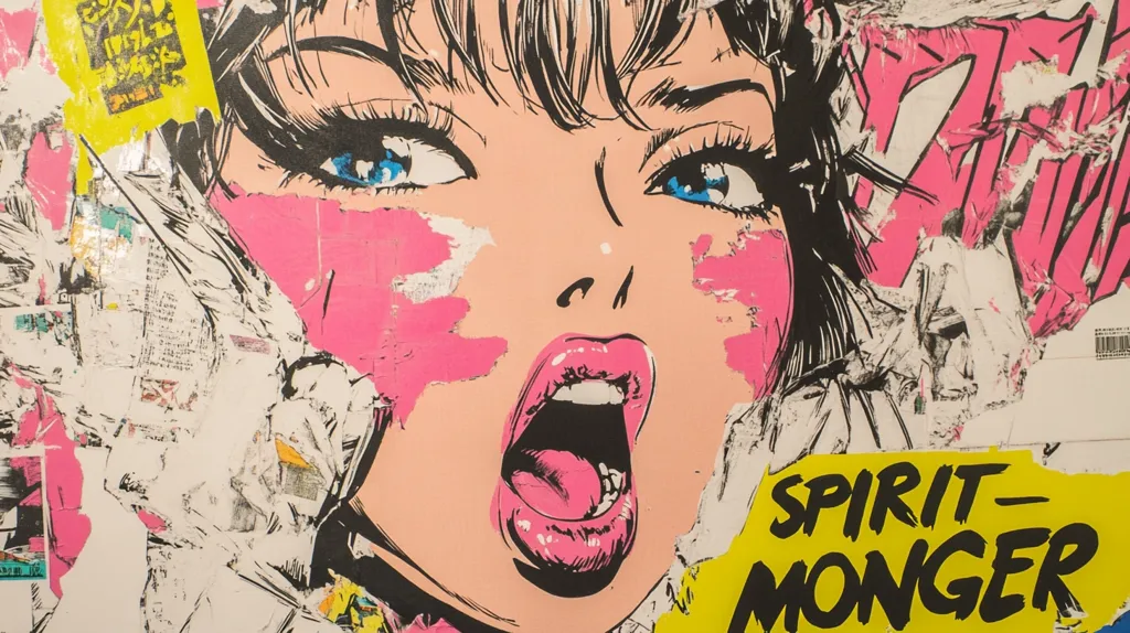 A vibrant pop art style image depicts a woman's face, partially obscured by layers of torn posters.  Her large, expressive eyes and open mouth dominate the composition.  Pink and black lines create a bold contrast against the white and yellow background.  The words "SPIRIT-MONGER" are prominently displayed at the bottom. The overall effect is one of dynamic energy and urban grit.
