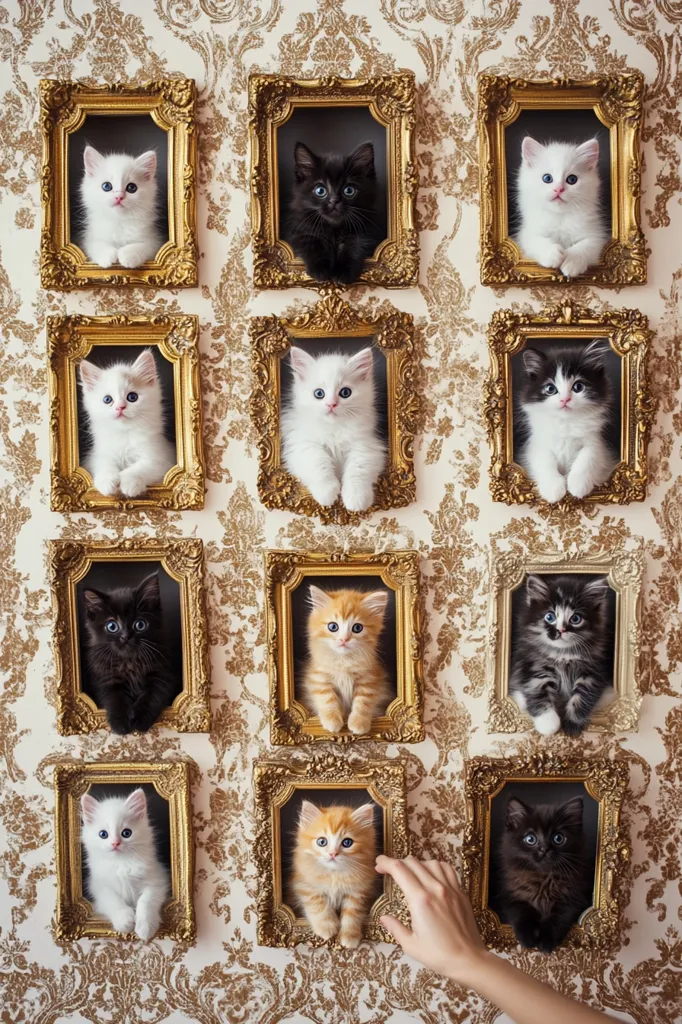 Twelve kittens, three black, three orange, and six white, are artfully arranged in ornate gold picture frames against a damask wallpaper backdrop.  The frames are meticulously positioned in a grid pattern. A hand gently reaches into the scene, interacting with the adorable felines. The overall image is charming and whimsical.