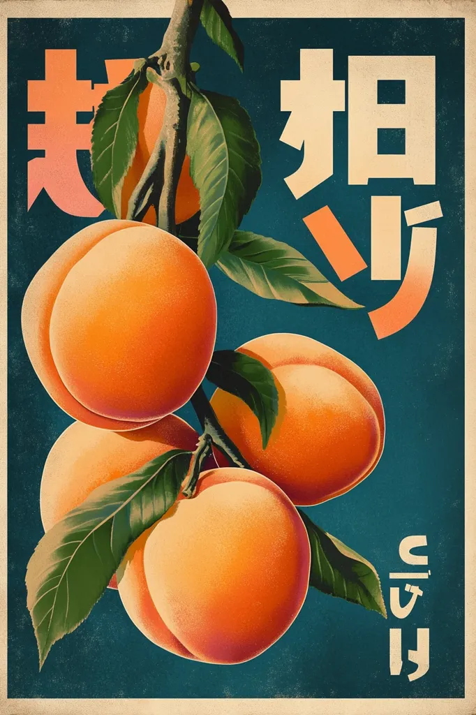 A vintage-style poster features a branch of ripe, juicy peaches against a teal background.  The peaches are depicted in rich, vibrant colors, with detailed shading and texture.  Japanese characters overlay the image, adding a cultural element to the design. The overall style evokes a nostalgic, possibly mid-century, aesthetic, suggesting a fruit advertisement or print.