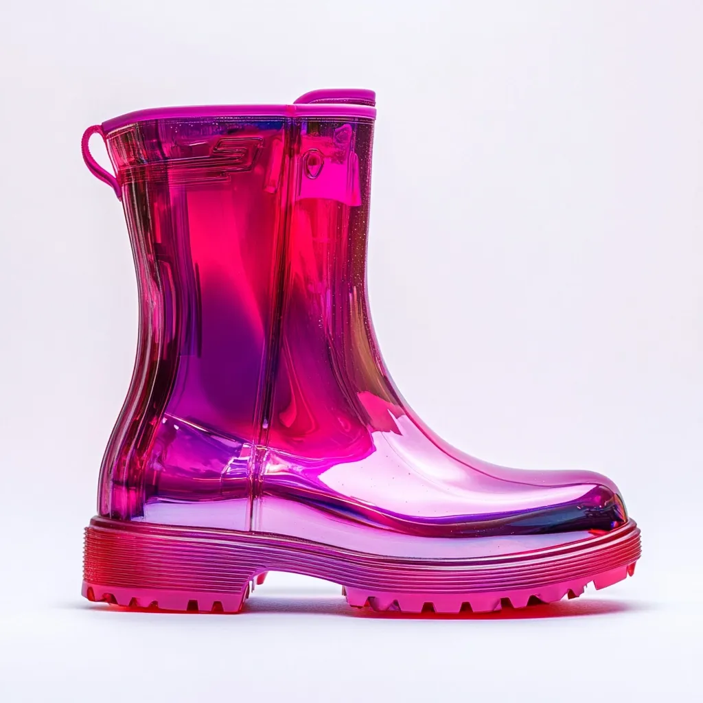A single, vibrant pink, metallic rain boot is showcased against a stark white backdrop.  The boot boasts a glossy finish and a chunky, ridged sole.  Its design is simple yet striking, emphasizing the bold color and reflective surface.  The boot is positioned at a slight angle, highlighting its shape and texture.