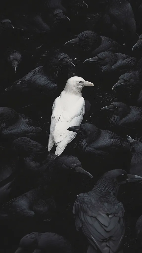 A single, pure white bird stands out amongst a flock of dark, almost black birds. The stark contrast of the white bird against the dark background creates a striking visual.  The white bird's plumage is pristine, highlighting its unique appearance. The image evokes a sense of difference and individuality within a uniform group.