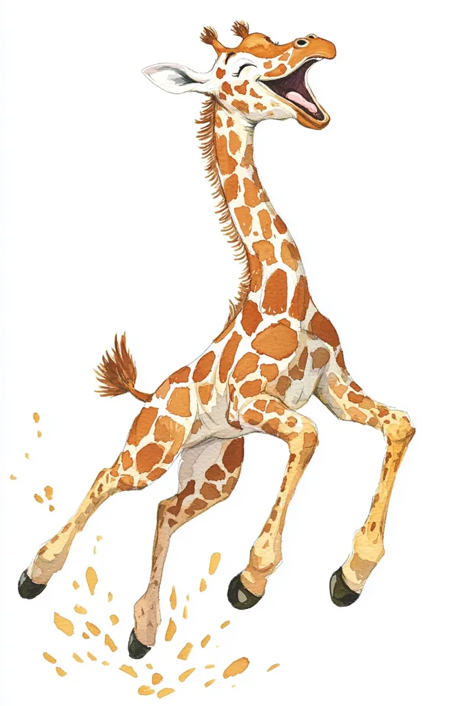A joyful young giraffe leaps through the air, its mouth open in a wide, happy grin.  Its spotted coat is a warm, light brown, and its long legs are extended as it playfully bounds forward.  Small, golden splashes surround its hooves, adding to the dynamic energy of the scene.  The giraffe's cheerful expression and lively pose create a vibrant and playful image.