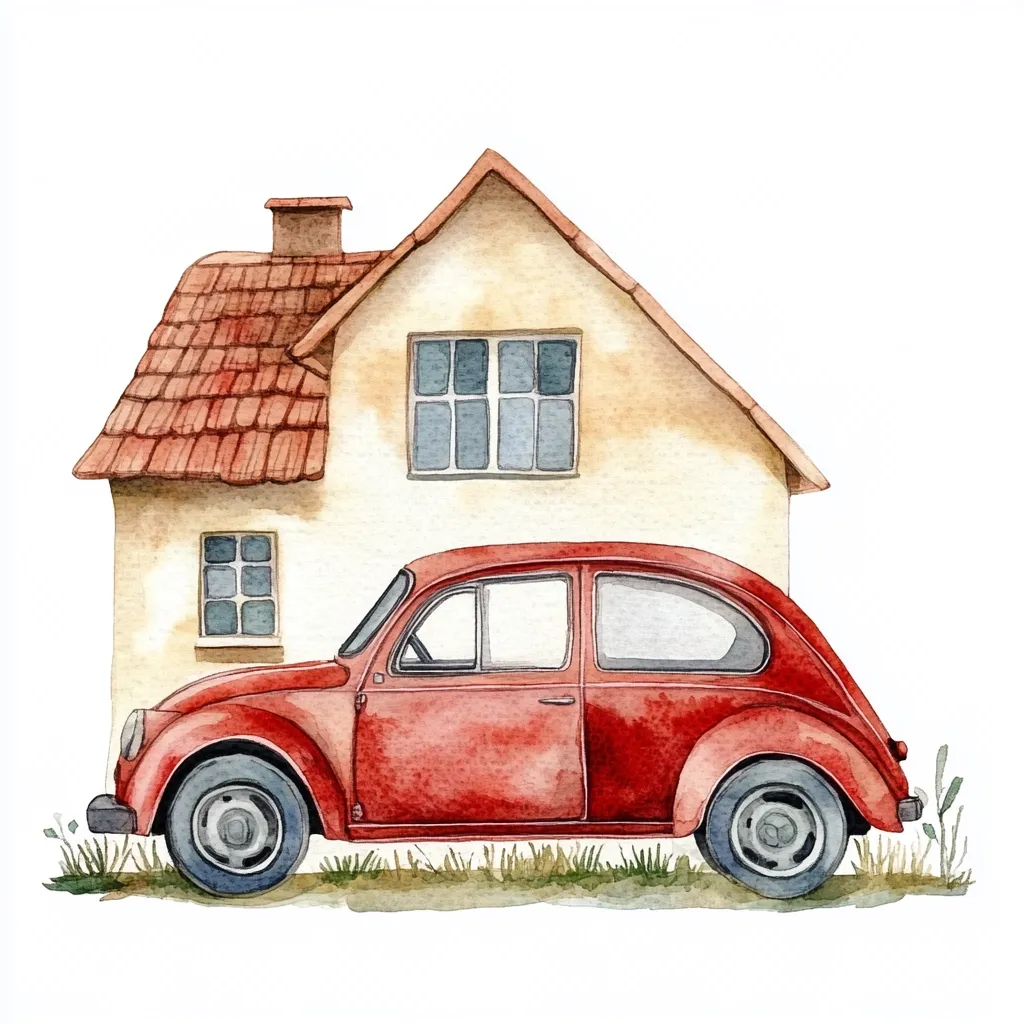 A watercolor painting depicts a charming scene of a red vintage car parked next to a quaint, single-story house. The house features a terracotta tile roof and small, neatly-placed windows.  The car is rendered with soft details, suggesting a classic, possibly European design.  The overall style is idyllic and nostalgic, evoking a sense of peaceful countryside living.  Sparse grass is painted at the base of the image.