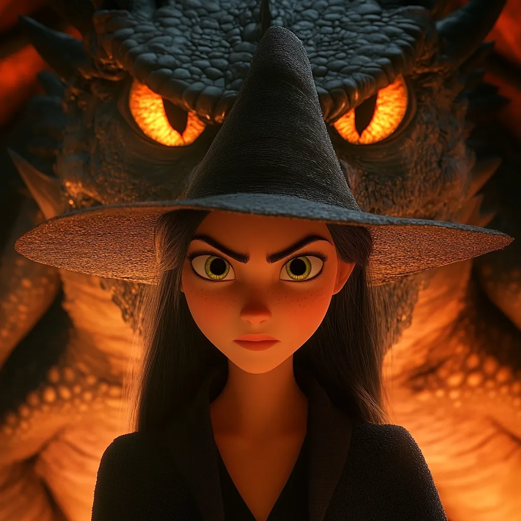 A young witch with bright green eyes and a stern expression stares directly at the viewer. She wears a wide-brimmed black hat and dark clothing.  Behind her, a large, fiery-eyed dragon looms, its scales glowing orange in the dim light. The scene is rendered in a striking 3D style, creating a dramatic and slightly menacing atmosphere.  The contrast between the witch and dragon suggests a partnership or shared power.