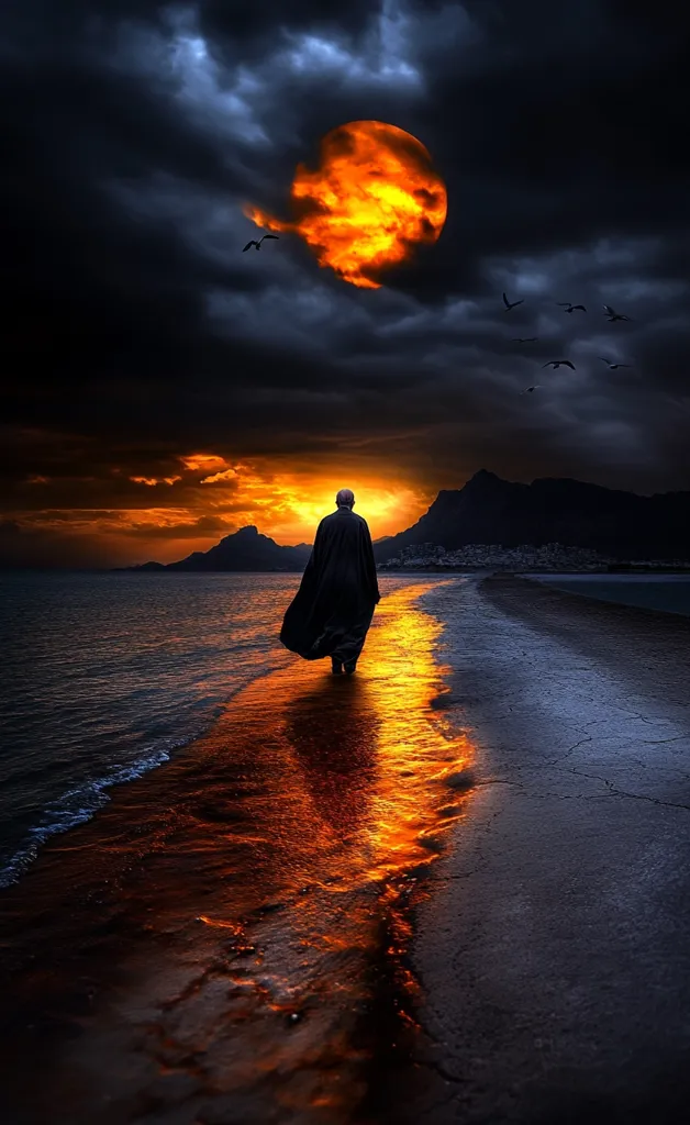 A lone figure, cloaked in dark robes, walks a narrow path along a beach at sunset.  A fiery, enormous orange moon dominates the stormy sky above, casting an intense reflection on the wet sand.  Silhouetted birds fly against the dramatic clouds, adding to the mystical atmosphere of the scene. The mountains in the background complete the serene yet intense landscape.