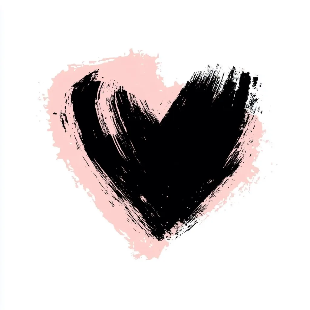 A heart-shaped abstract design is presented.  The heart is formed by a bold, black brush stroke, creating a textured, expressive feel.  This black heart is subtly framed by a lighter, blush pink wash, providing a soft contrast against the dark center. The overall effect is a modern and romantic image.
