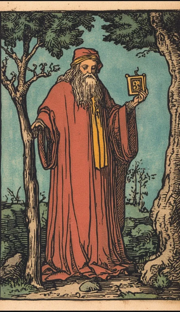 The image shows a woodcut print of an elderly man with a long white beard, wearing a long red robe and a red hat. He holds a small, ornate box in his right hand. He stands near a tree in a landscape setting. The style is reminiscent of medieval or Renaissance woodcuts, with bold lines and flat colors.  The overall impression is one of wisdom and possibly mysticism.