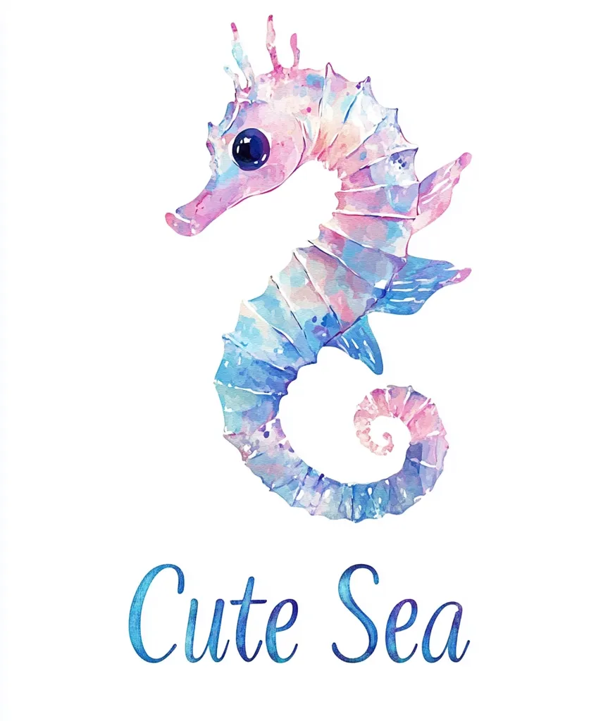 A watercolor painting of a cute seahorse in pastel shades of pink, blue, and purple.  Its large, dark eye and curled tail are prominent features. The seahorse is depicted in a whimsical style, and the words "Cute Sea" are written beneath it in a matching, stylized font. The overall aesthetic is light, airy, and charming.