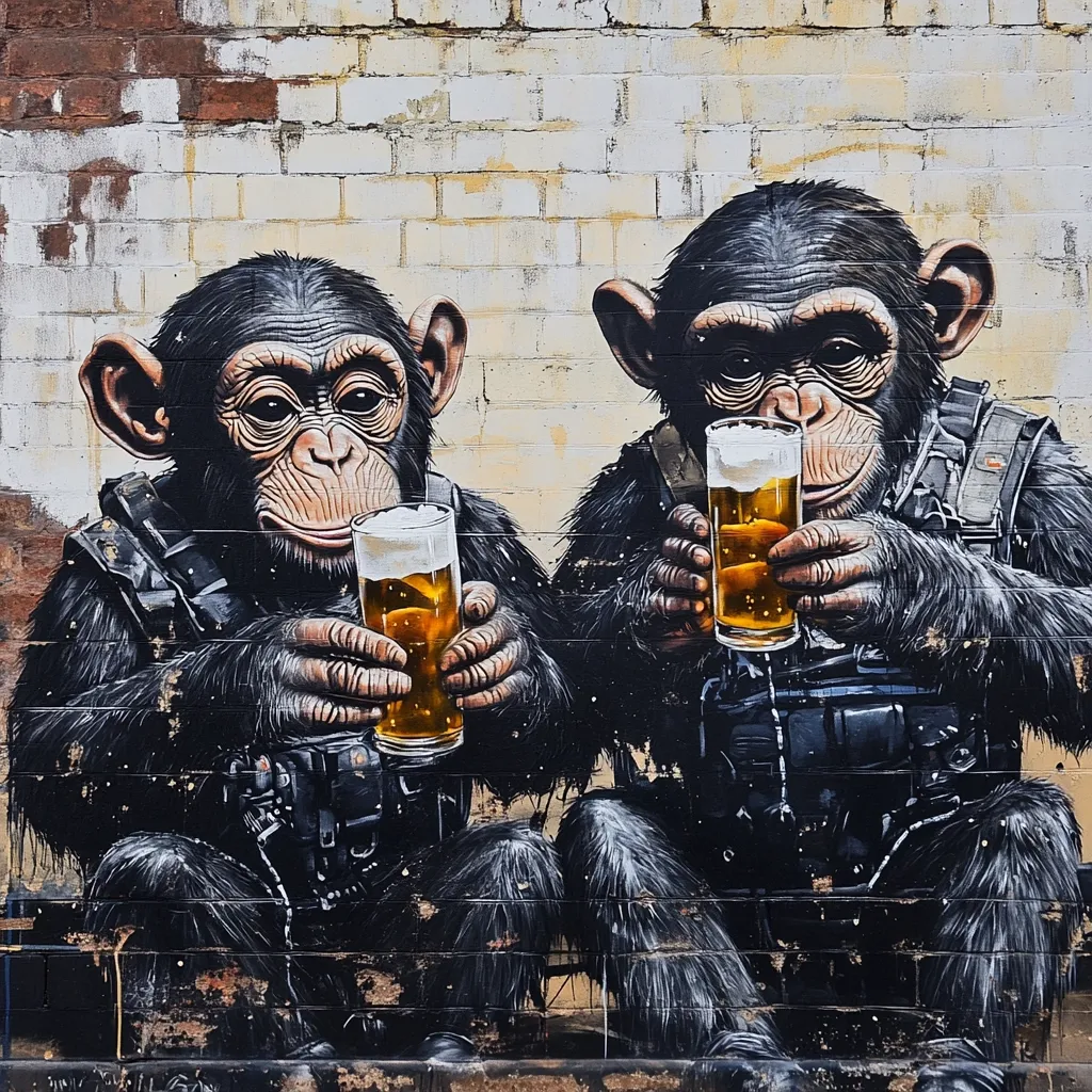 A vibrant mural depicts two chimpanzees, clad in tactical vests, each holding a pint of beer.  Their expressions are relaxed and content. The artwork is painted on a weathered brick wall, adding texture and contrast to the detailed chimpanzee portraits. The style is realistic, showcasing the animals' fur and facial features with remarkable precision.  The overall scene is humorous and slightly surreal.