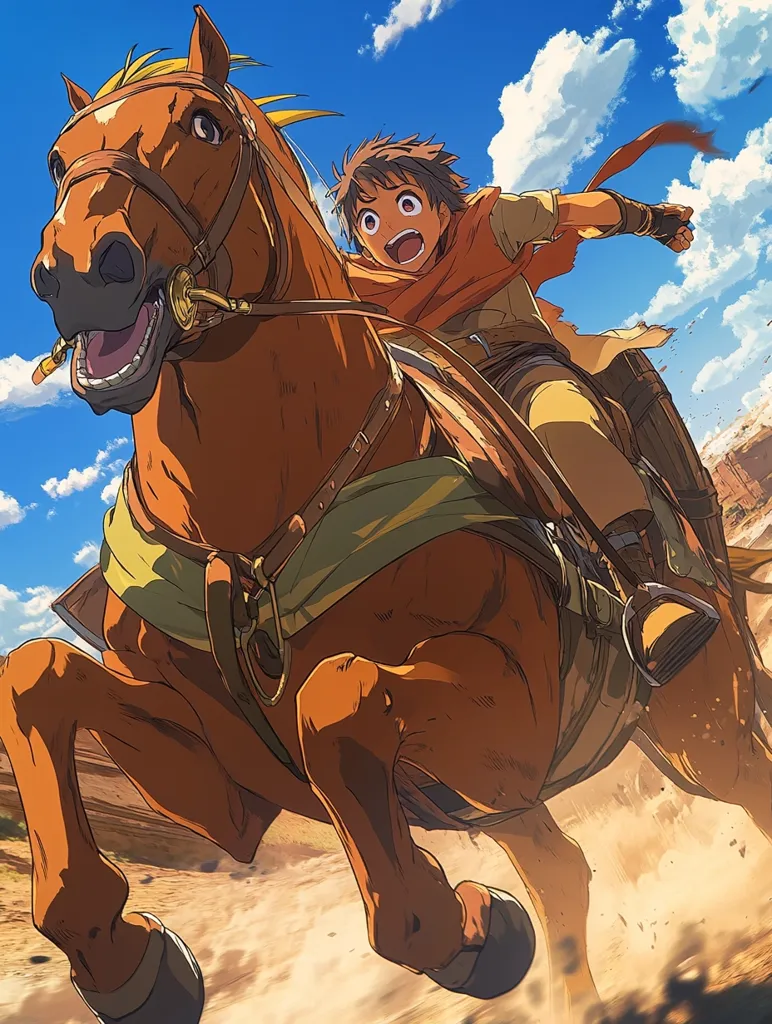 A young, animated boy with brown hair rides a chestnut horse at full gallop across a dusty landscape.  The boy wears an orange tunic and looks joyfully ahead. The horse's mouth is open, suggesting exertion.  The background is a sunny desert scene with a blue sky and fluffy clouds.  The overall style is vibrant and action-oriented.