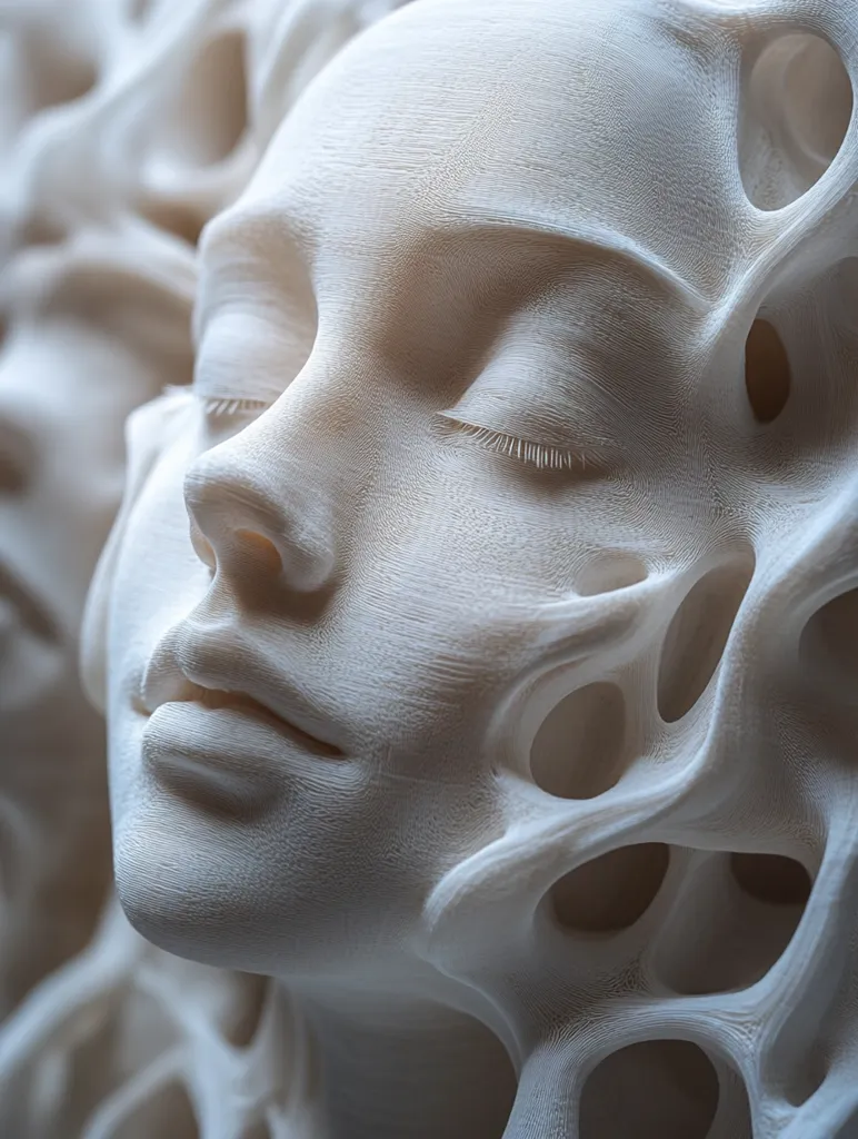 A close-up shot reveals a 3D-printed sculpture, a serene face partially obscured by an intricate, organic lattice structure.  The off-white material exhibits a textured surface, suggesting the layers of the printing process. The face is depicted with eyes closed, conveying a sense of peace or contemplation. The contrast between the smooth facial features and the complex, porous overlay creates a striking visual effect. The sculpture's style is both modern and evocative of classical busts.