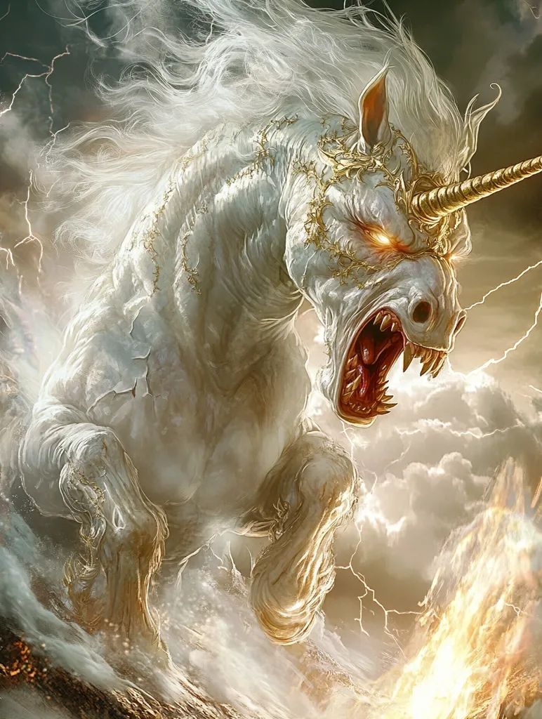 A fierce, white unicorn, adorned with golden accents, charges forward amidst a stormy sky.  Its eyes burn with an intense light, and its mouth is open in a ferocious snarl, revealing sharp teeth.  Lightning crackles around it, and flames erupt from the ground below, creating a dramatic and powerful image. The unicorn's flowing mane and tail add to its majestic yet terrifying presence.