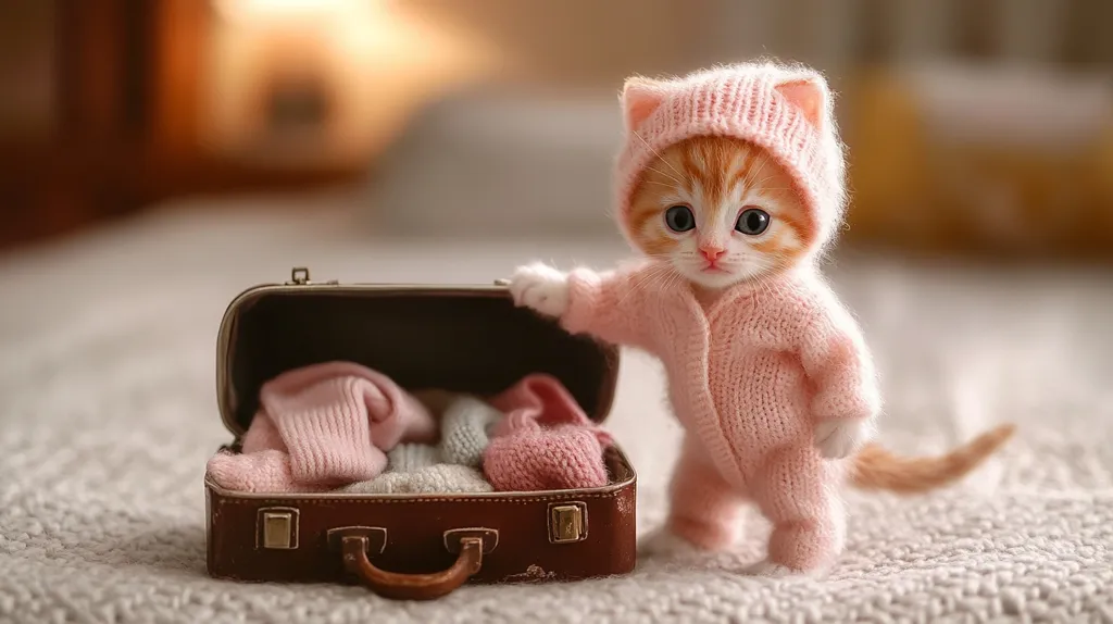 An adorable ginger kitten, dressed in a pink knitted outfit and hat, stands beside a small vintage suitcase filled with pink and gray sweaters.  The kitten's large eyes and tiny size create a charming and endearing image, suggesting a playful sense of adventure or travel. The soft lighting and textured background enhance the overall cuteness.