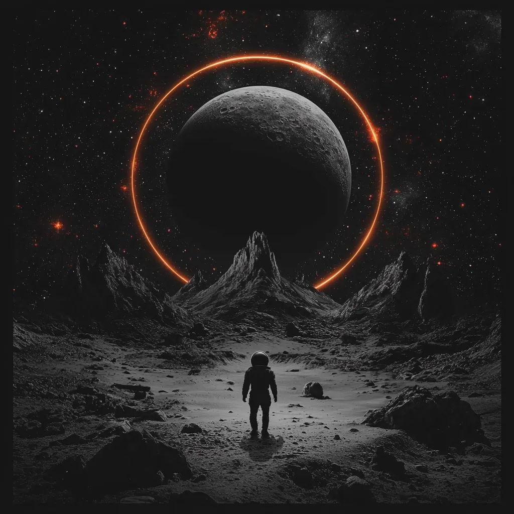 A lone astronaut stands on a desolate, grey alien landscape, silhouetted against a massive moon encircled by a fiery orange ring.  Jagged mountains rise in the distance under a star-studded, dark sky. The scene evokes a sense of isolation and wonder in the vastness of space. The overall aesthetic is dark, dramatic, and slightly surreal.